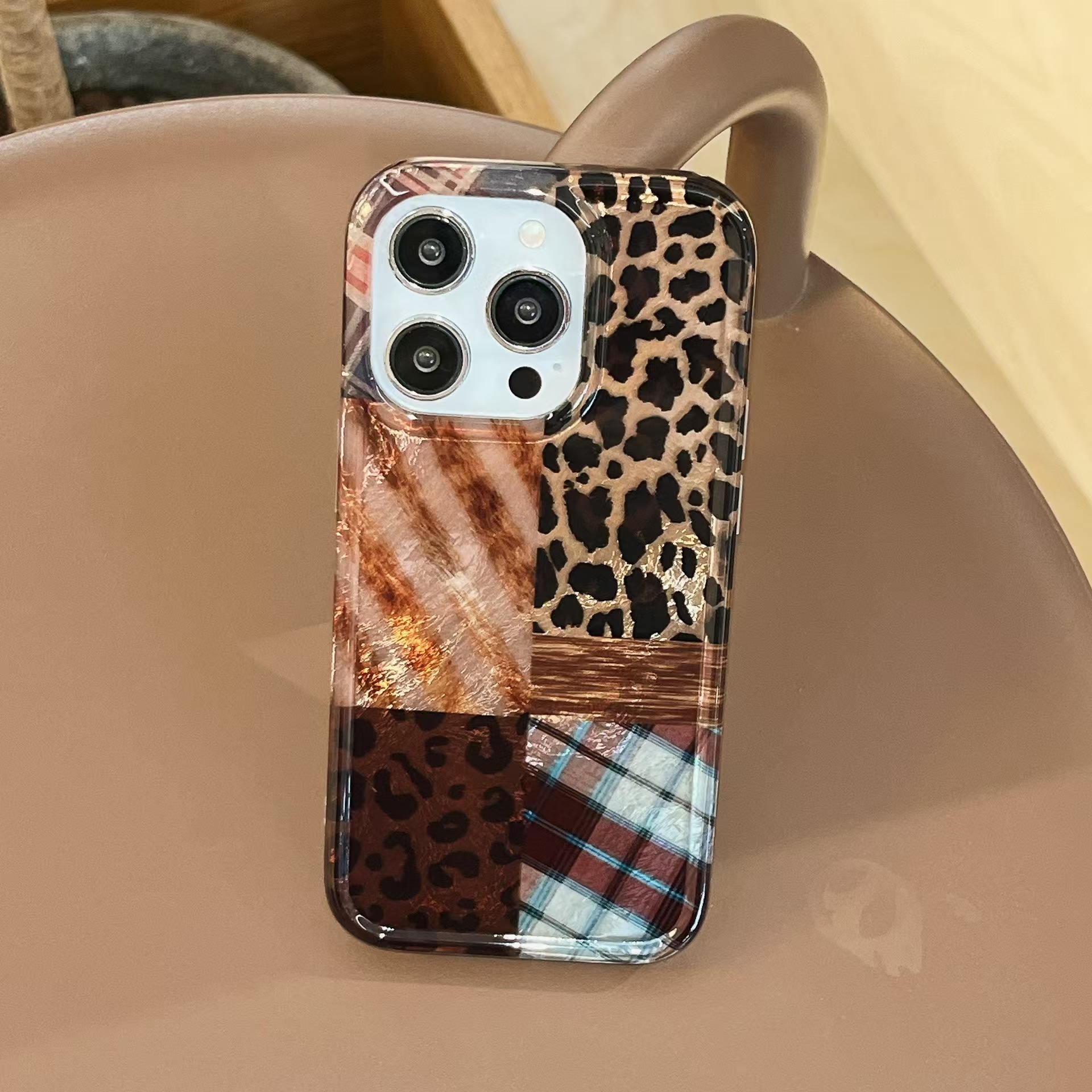 Otoño/invierno retro costura leopardo iphone16promax manzana marrón 15promax/14/13 concha suave 16 mujeres