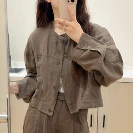 2025秋季新款亚麻短款外套女 文艺休闲立领纯色宽松长袖开衫上衣