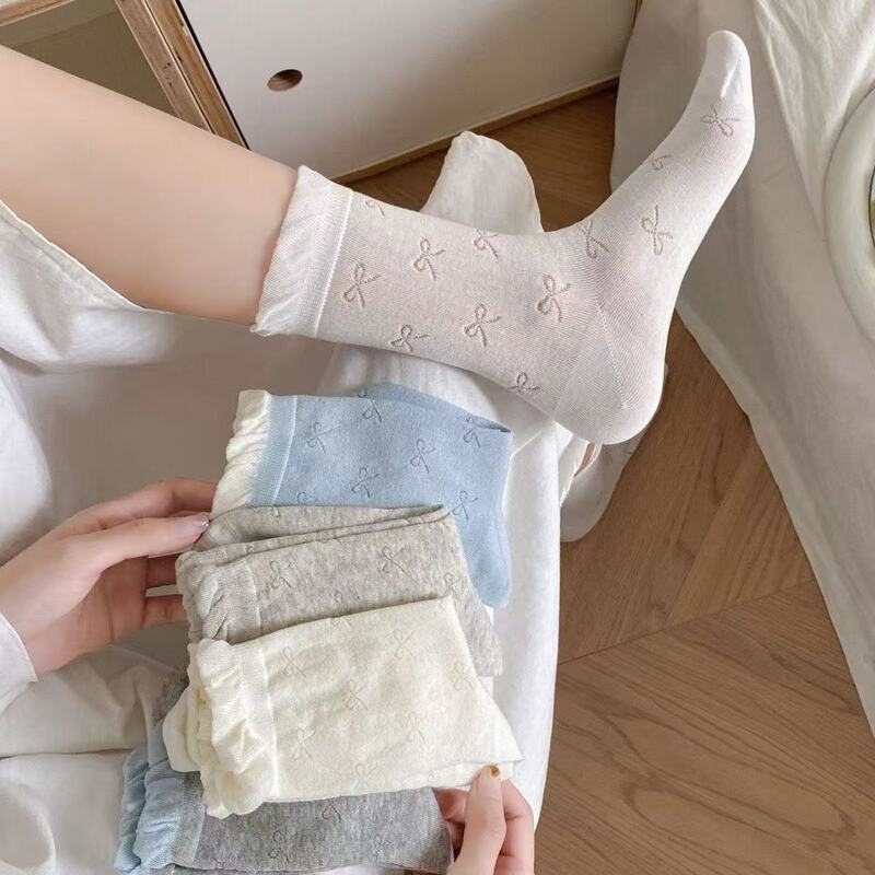 女性用サマーソックス、薄手のミュウ風ミッドカーフソックス、リボンバレエ風ストッキング、バブルレースパイルソックス|undefined