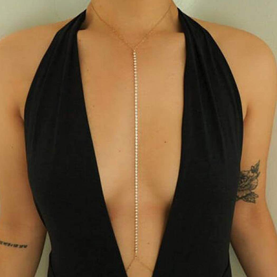 Cross-Border European and American Simple Metal Diamond-Encrusted Chest Chain, Personalized, Exaggerated, Sexy and Versatile Rhinestone Body Chain, Sparkling Diamond Chest Chain