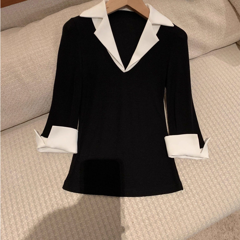 Star feather factory [Korean women's heart] black spell white shirt collar fake two daily leisure seven-point sleeve jacket summer