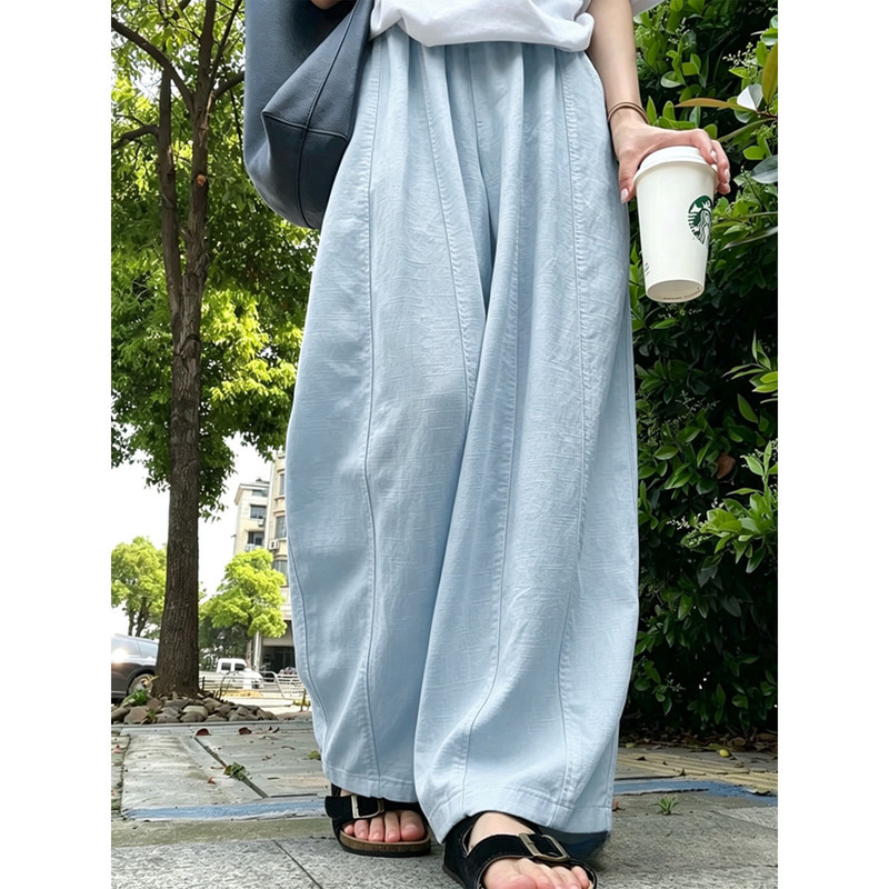 Light Blue Casual Cotton-Linen Balloon Wide-Leg Pants for Women, Summer Thin Style, Simple Loose Fit, Slimming Casual Harem Pants Light Blue Casual Cotton-Linen Balloon Wide-Leg Pants for Women, Summer Thin Style, Simple Loose Fit, Slimming Casual Harem Pants