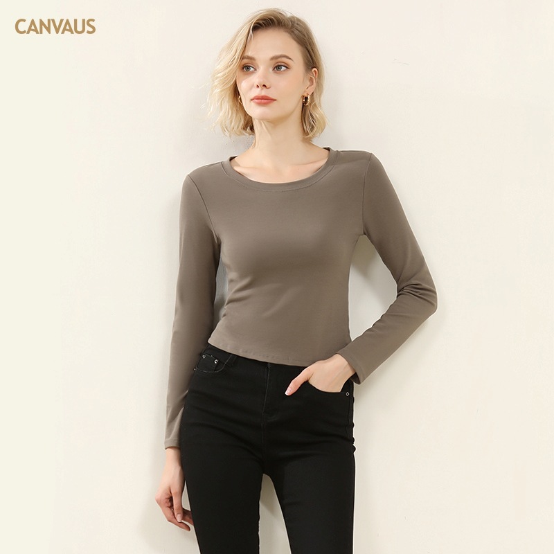 Ropa de Otoño e Invierno para mujer nueva camisa de fondo estilo coreano Cuello redondo para mujer Slim fit adelgazamiento color sólido Algodón elástico desgaste exterior interior superior