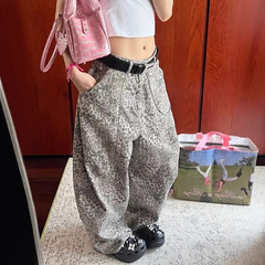 实拍时尚豹纹弯刀牛仔裤女夏季新款小众设计感廓形宽松阔腿长裤潮
