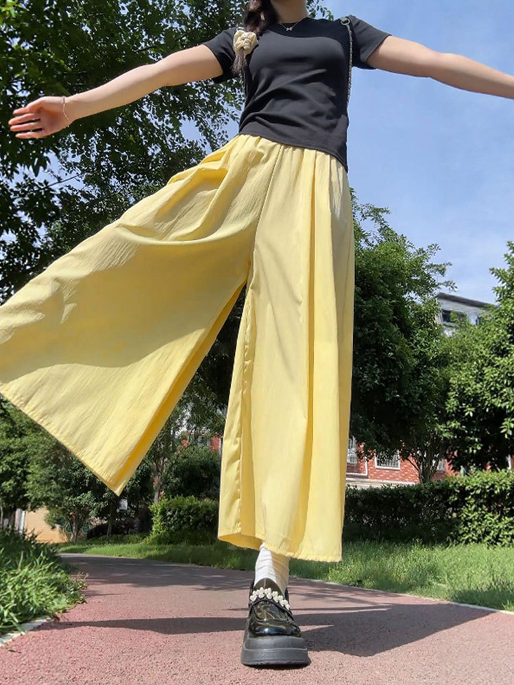 Pantalones de falda amarillos para mujer, nuevo modelo 2026, talla grande, para mujeres con curvas, petite, con pantalones anchos de algodón y lino con efecto drapeado.