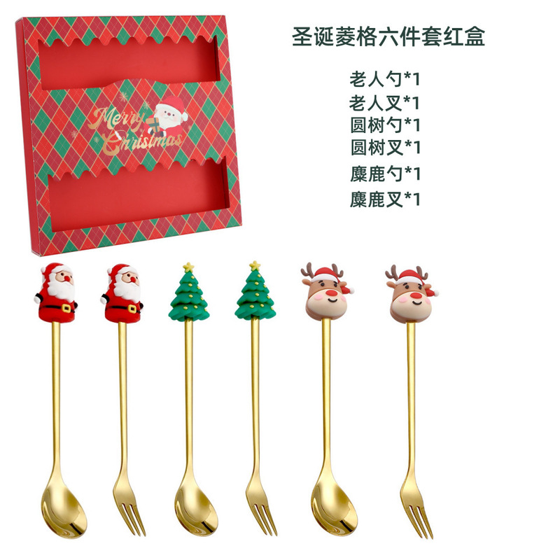 跨境圣诞餐具不锈钢勺叉套装创意雪人勺子叉子咖啡搅拌勺水果叉|undefined