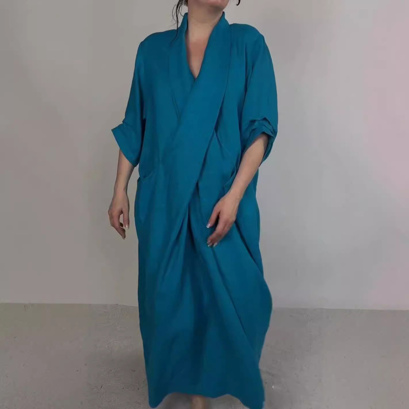 2024 Independent Station Export Summer and Autumn_Lininen Short-Sleeved Bathrobe Dress Pure Color Casual Large Flap Pocket Pants V Slit Dress 2024 Independent Station Export Summer and Autumn_Lininen Short-Sleeved Bathrobe Dress Pure Color Casual Large Flap Pocket Pants V Slit Dress