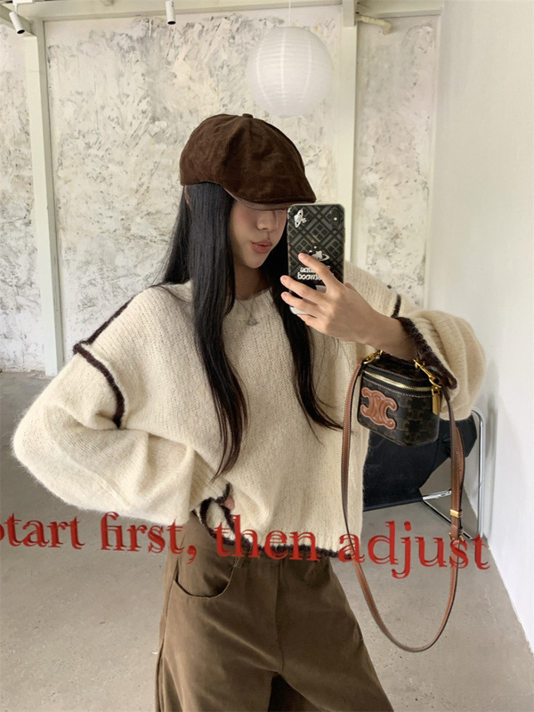 设计感不规则撞色长袖毛衣女春季2025新款小众宽松针织衫休闲上衣|undefined