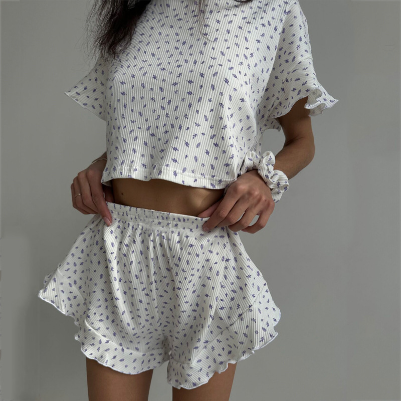Summer Ladies Casual Printing Suit Ruffled Short Sleeve round Neck Shorts Pajamas Two Piece Set 6 Summer Ladies Casual Printing Suit Ruffled Short Sleeve round Neck Shorts Pajamas Two Piece Set