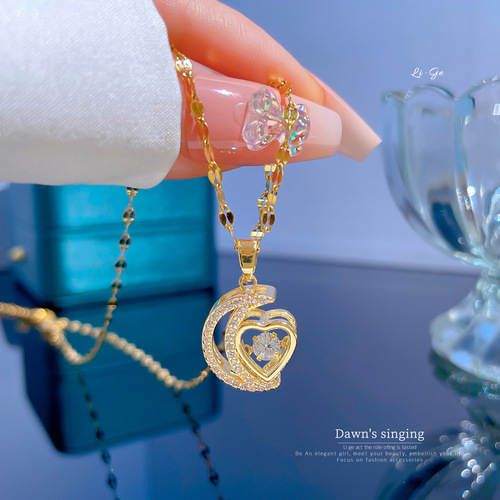 [Titanium Steel] Light Luxury Moon Love Heart Touching Micro-Inlaid Real Gold Necklace Women's Transfer Ins Clavicle Chain Accessories