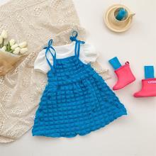 女童韓版連衣裙0-5歲夏季圓領短袖T恤泡泡格子吊帶裙套裝公主裙潮