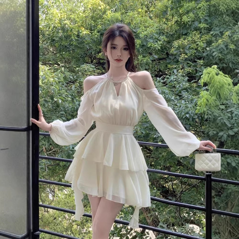 2026 Summer New Style Halter Neck Off-Shoulder Long-Sleeve A-Line Slim-Fit Dress Solid Color Knit Beach Vacation Elegant Dress 2026 Summer New Style Halter Neck Off-Shoulder Long-Sleeve A-Line Slim-Fit Dress Solid Color Knit Beach Vacation Elegant Dress