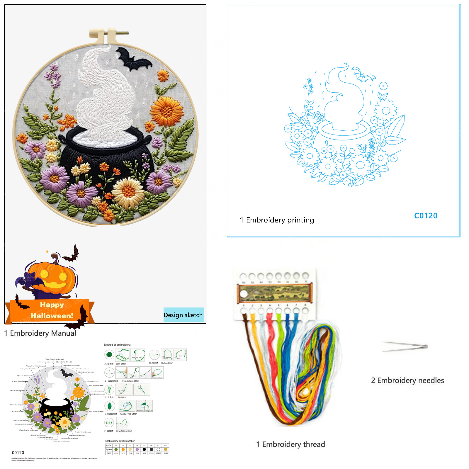 Nuevos productos transfronterizos bordados Halloween fantasma sombrero gato negro conjunto bordado hecho a mano material DIY bordado al por mayor