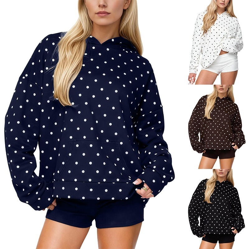 2026 Autumn and Winter New European and American Cross-Border Amazon Women's Polka Dot Print Loose Sweatshirt Hooded Sweatshirt