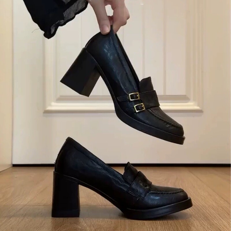 Sheepskin Version ~ British Style Genuine Leather High-Heeled Loafers for Women, Retro Versatile Work Clothing Shoes, Silent Small Leather Shoes Sheepskin Version ~ British Style Genuine Leather High-Heeled Loafers for Women, Retro Versatile Work Clothing Shoes, Silent Small Leather Shoes