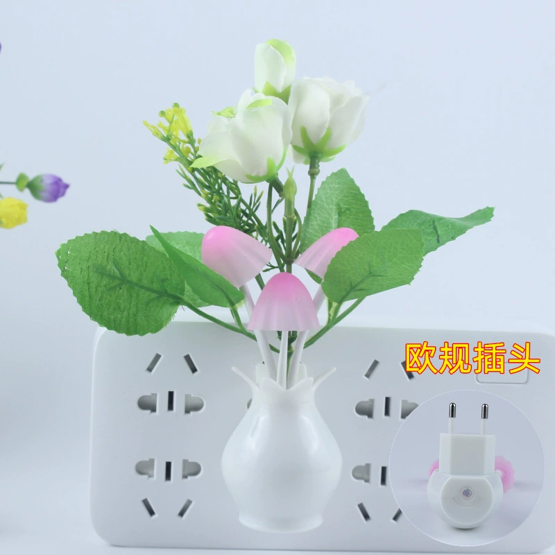 Mushroom LED lamp, 4‑LED, light‑control sensor, colorful rose base, 0.5 W, EU/US options