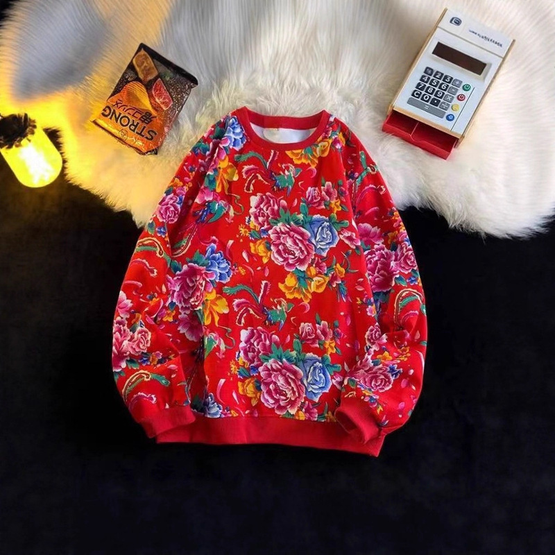 Hooded Long-Sleeve Women's Sweatshirt with Large Floral Pattern for Autumn Performances and Annual Meetings, Fleece-Lined Sweatshirt with Big Red Flowers Hooded Long-Sleeve Women's Sweatshirt with Large Floral Pattern for Autumn Performances and Annual Meetings, Fleece-Lined Sweatshirt with Big Red Flowers