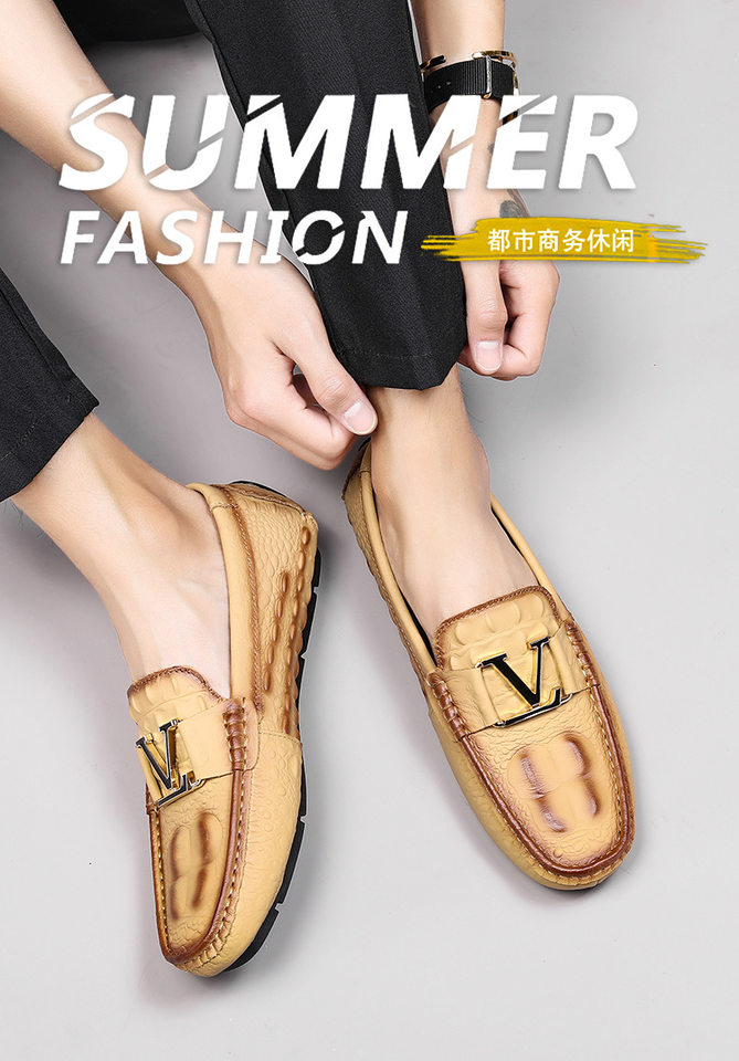 Giày lười nam da bò vân cá sấu mũi tròn, đế bằng, kiểu lái xe cỡ lớn — V6655 màu kaki quý phái, V6655 màu nâu quý ông, V6655 màu đen quý phái, Vàng địa phương V6655 chi tiết 1