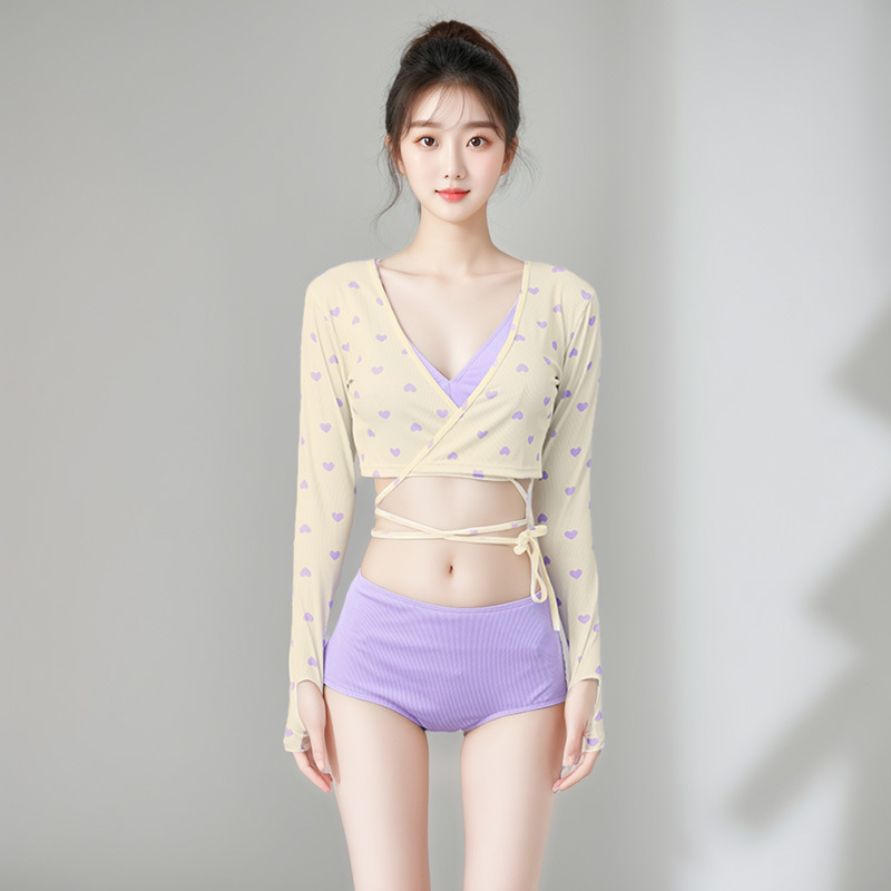 Bañador de tres piezas para mujeres, manga larga, cintura alta, traje de baño de vacaciones, cintura alta