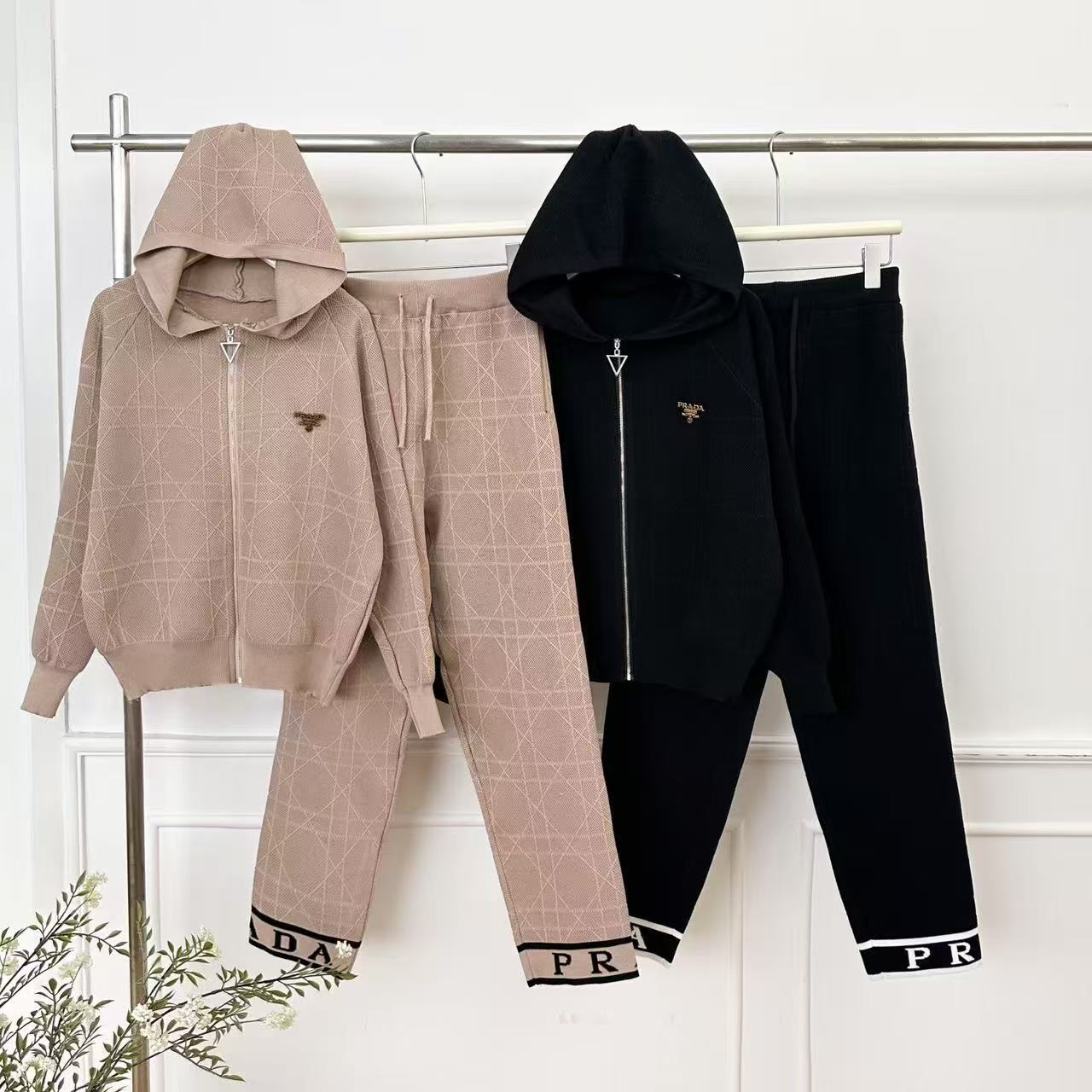 跨境设计感拉链连帽上衣针织外套春秋季撞色字母休闲阔腿裤两件套