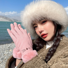 Women's Winter Outdoor Riding Windproof Touch Screen Plush Cute Embroidered Knit Gloves DY38