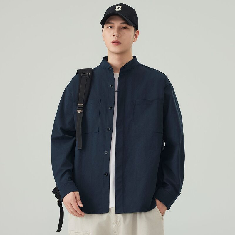 Japanese-style trendy workwear stand-up collar long-sleeve shirt for men, solid color, simple, versatile, loose-fitting casual top Japanese-style trendy workwear stand-up collar long-sleeve shirt for men, solid color, simple, versatile, loose-fitting casual top