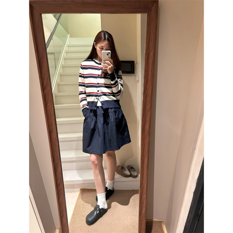 实价现货韩系撞色条纹圆领针织开衫女春季小个子宽松显瘦减龄上衣|undefined