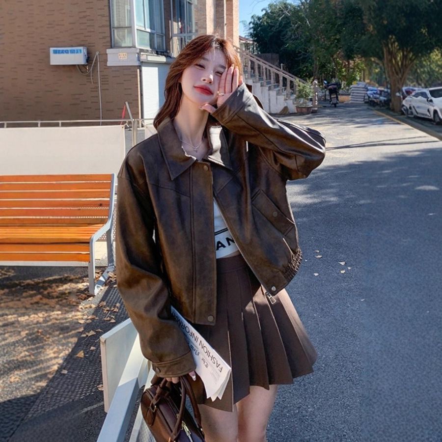 Brown Pu Leather Jacket for Women 2025 Spring and Autum New French Retro Hong Kong Style Street Motorcycle Sweet and Cool Top