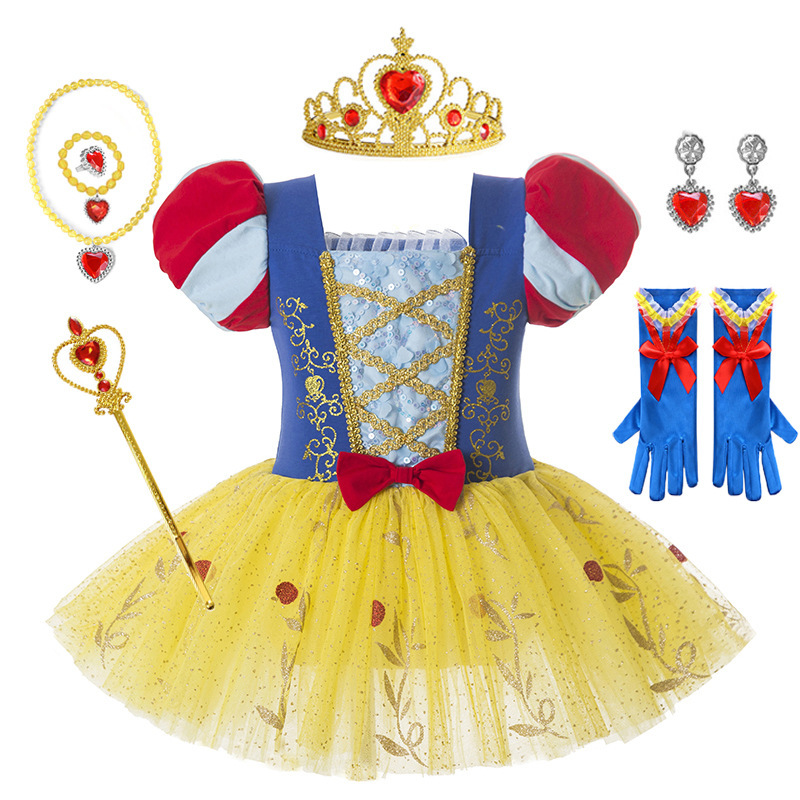 夏の女の子のふわふわダンススカート白雪姫子供ステージパフォーマンススパンコールメッシュプリンセススカートハロウィン|undefined