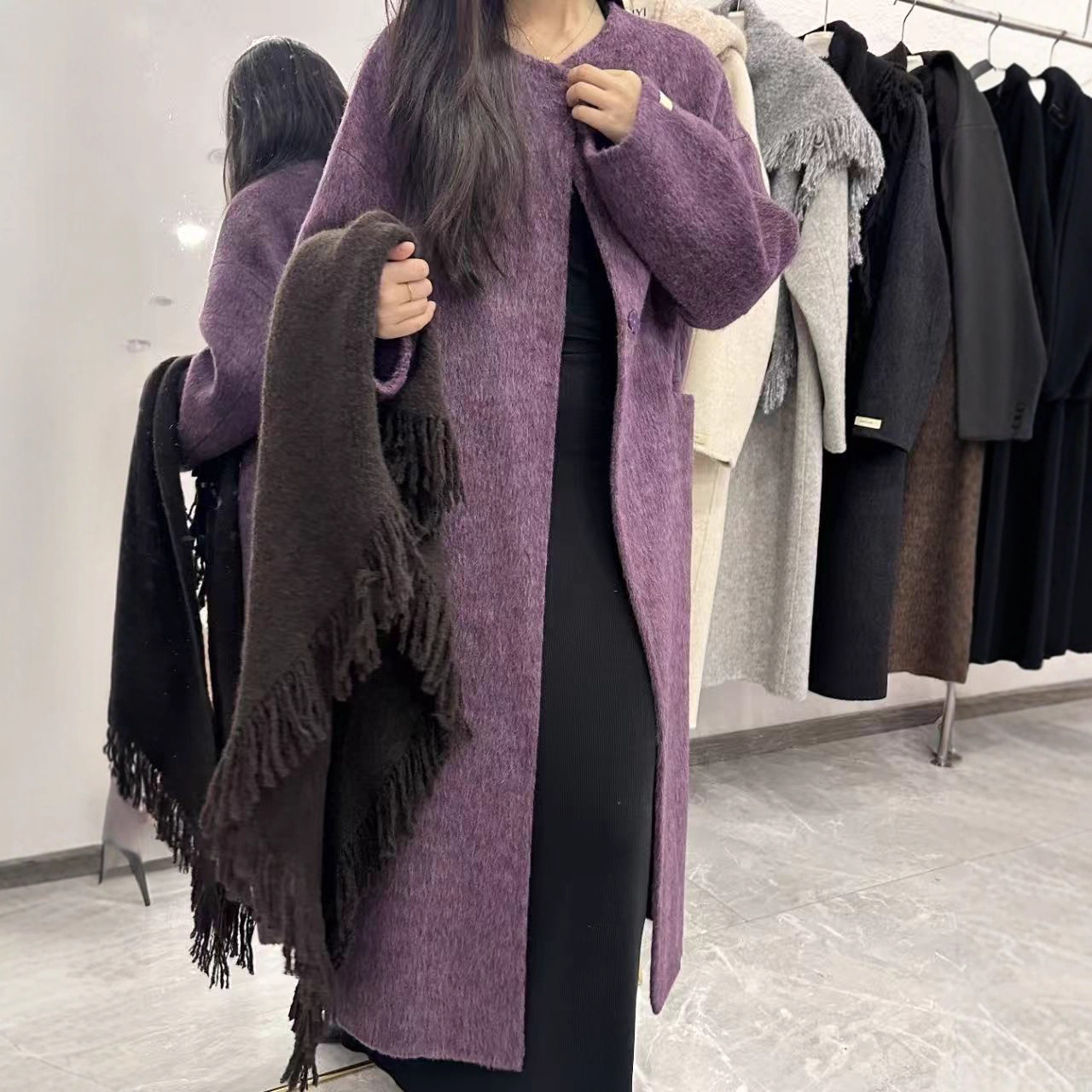 高奢羊驼绒 双面羊绒大衣女淑女高级感阔版围巾两件套慵懒风