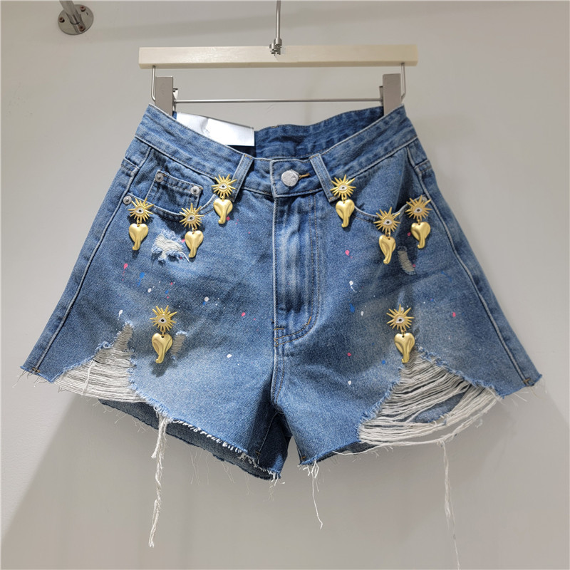 Shorts de Mezclilla con Adorno Metálico Mezclilla y Poliéster Tiro Alto Pierna Ancha para Verano