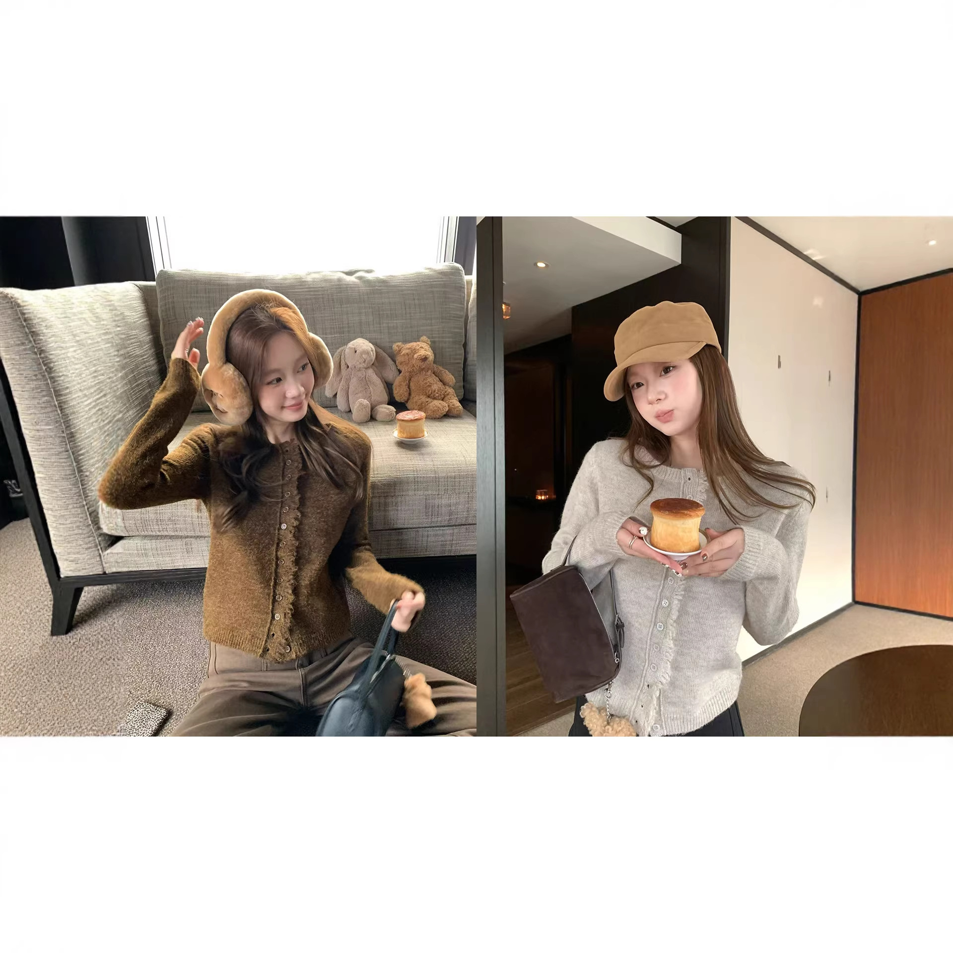 im向 晚枫诗集~羊毛混纺杂色毛须多粒扣保暖毛衣冬季女针织开衫