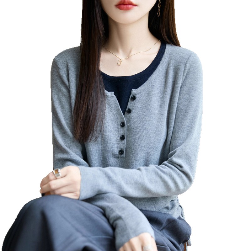 2025秋季新款假两件女士针织衫毛衣气质修身显瘦长袖上衣女A7124|undefined