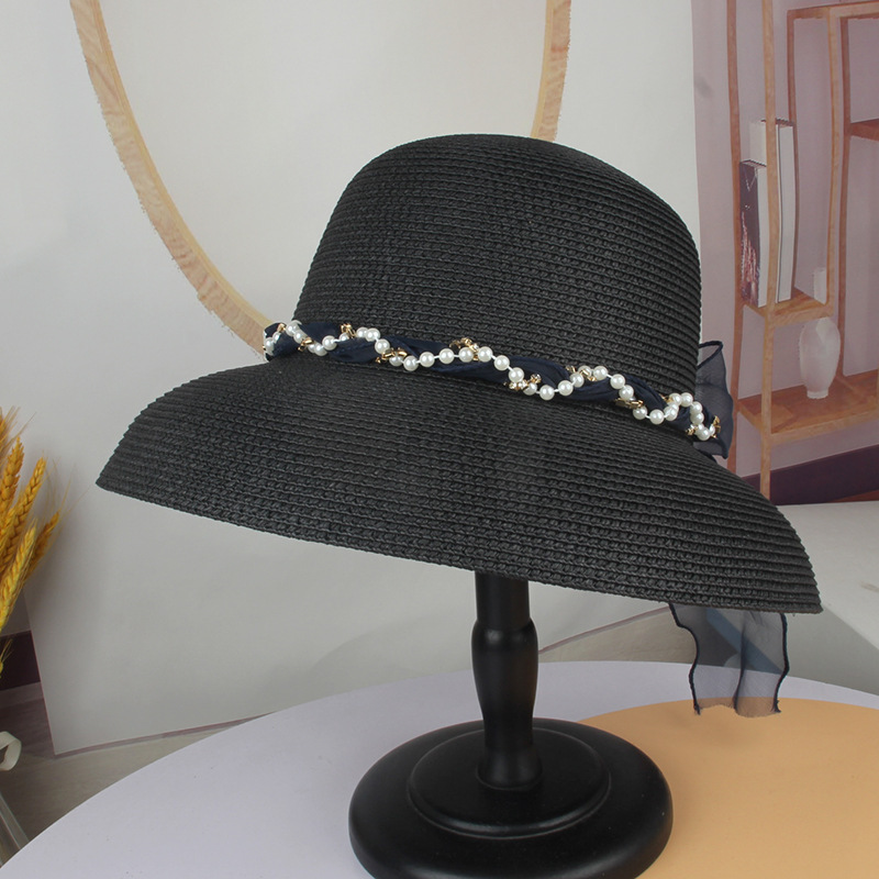 British Retro Elegant Pearl Lampshade Straw Hat Casual Bow Sun Hat Women Sunscreen Hat Beach Fisherman Hat