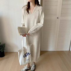 韩版时尚休闲宽松慵懒针织连衣裙女装秋冬新款配大衣过膝毛衣长裙