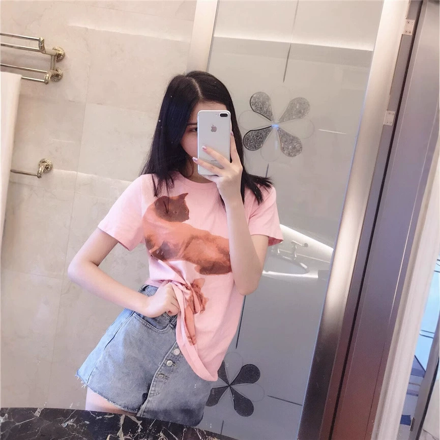 Сиамская кошка пудра с короткими рукавами сзади шелковая Лоскутная кошка футболка