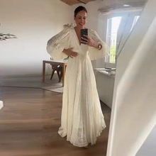 欧美亚马逊外贸女装2025秋季新款长袖超大摆提花压褶灯笼袖连衣裙