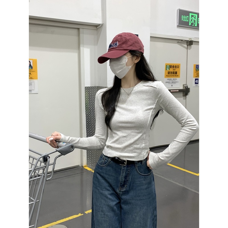 实拍实价 早秋韩版修身纯色鱼骨设计感百搭纯棉长袖打底T恤女上衣|undefined