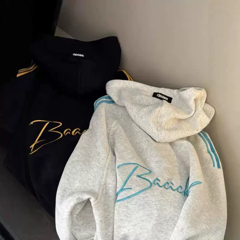 冬季美式复古刺绣字母卫衣男女加绒加厚时尚洋气显瘦连帽外套批发