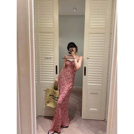 微醺朗姆 ***蕾丝撞色碎花吊带长款连衣裙女夏修身显瘦