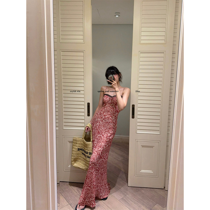 Slightly Tipsy Rum ***Lace Contrast Color Floral Strap Long Dress for Women Summer Slim Fit and Slimming