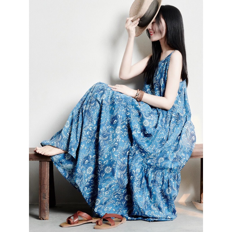 Bohemian Printed Suspender Dress for Women, Summer Loose-Fitting Artistic Holiday Style Long Skirt with Large Hem Bohemian Printed Suspender Dress for Women, Summer Loose-Fitting Artistic Holiday Style Long Skirt with Large Hem