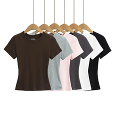 基本的な丸首半袖tシャツ女性の夏の新しい弾力性はシンプルで快適な純色の外に短い上着を着る