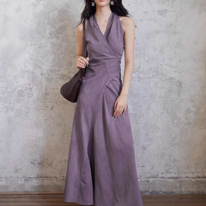 Tyang Er Yang Design [Qingwan] Elegant Purple V-Neck Halter Long Dress with Tie Design for Women