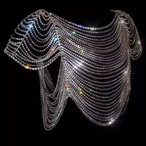 Women stage performance jazz dance bling body chain singers concert rehearsal diamond shoulder cape chain rhinestone bikini breast chain