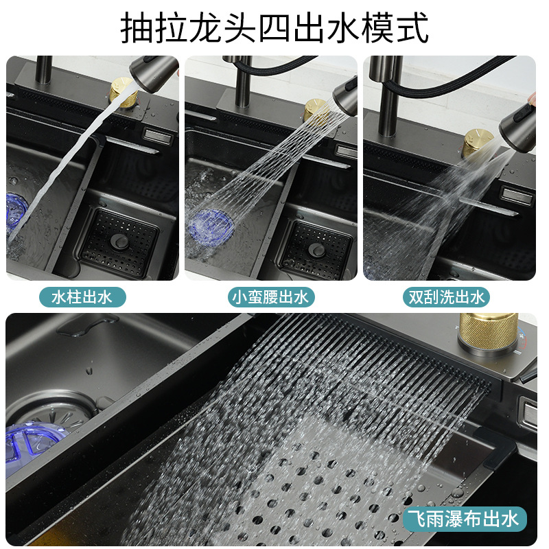 Cocina de lluvia volante cascada fregadero gran fregadero de un solo tanque grueso 304 acero inoxidable lavabo de platos fregadero doméstico