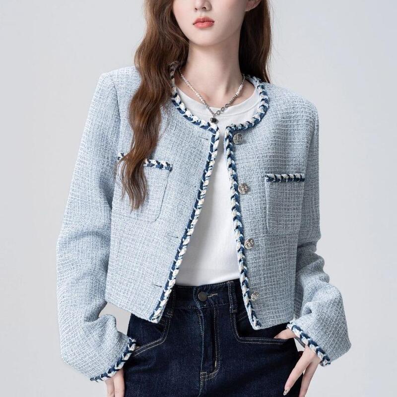 2026 Autumn New Blue Chanel-Style Jacket for Women, Spring and Autumn Tweed Round Neck Cardigan, Short Top, Trendy 2026 Autumn New Blue Chanel-Style Jacket for Women, Spring and Autumn Tweed Round Neck Cardigan, Short Top, Trendy