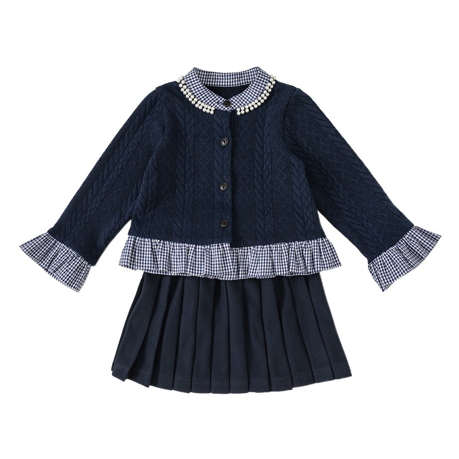 Conjunto de Dos Piezas de Ropa Infantil Bangxuan para Primavera y Otoño, Estilo Universitario, Cárdigan de Punto con Mangas con Volantes y Falda Plisada para Niñas
