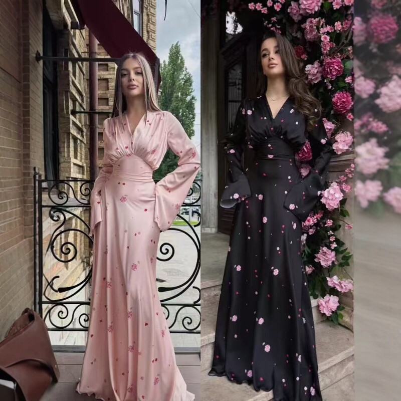 2025 New European and American Style French V-Neck Satin Printed Long Dress with Waist-Cinching Design, Slimming and Elegant Dress