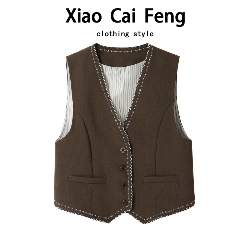 Brown Floral Embroidery Contrast-Stitching Vest for Women, Spring/Summer Style, V-Neck Sleeveless Layered Vest Brown Floral Embroidery Contrast-Stitching Vest for Women, Spring/Summer Style, V-Neck Sleeveless Layered Vest